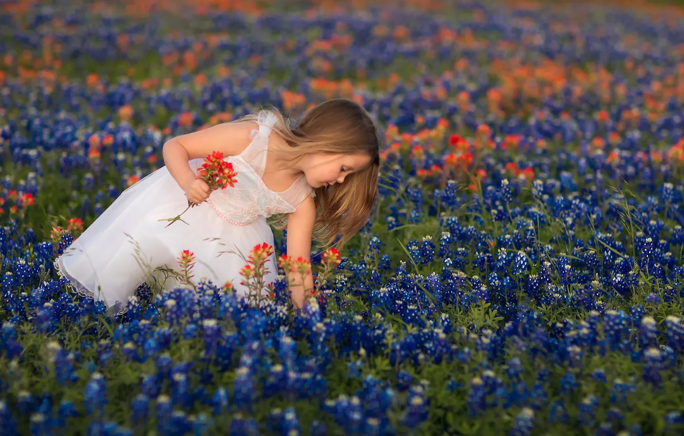 Photo wallpaper field, flowers, pose, glade, dress, meadow, girl, a bunch