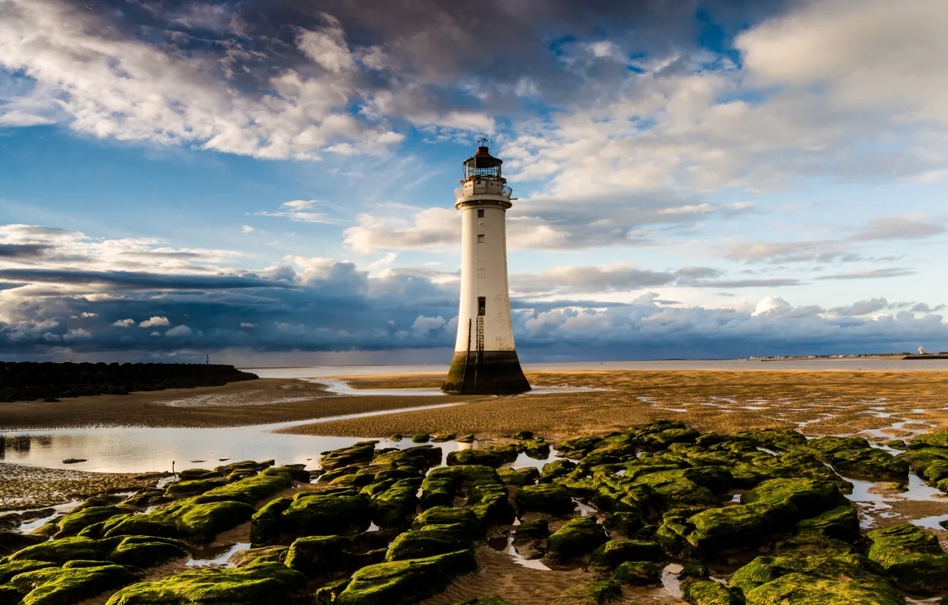 Photo wallpaper sea, clouds, stones, shore, lighthouse