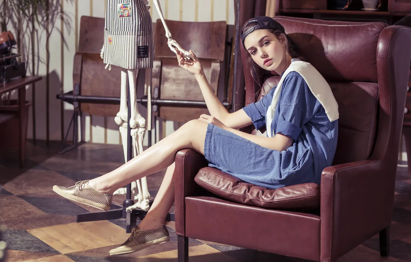 Photo wallpaper look, style, model, chair, dress, skeleton, cap, baseball cap