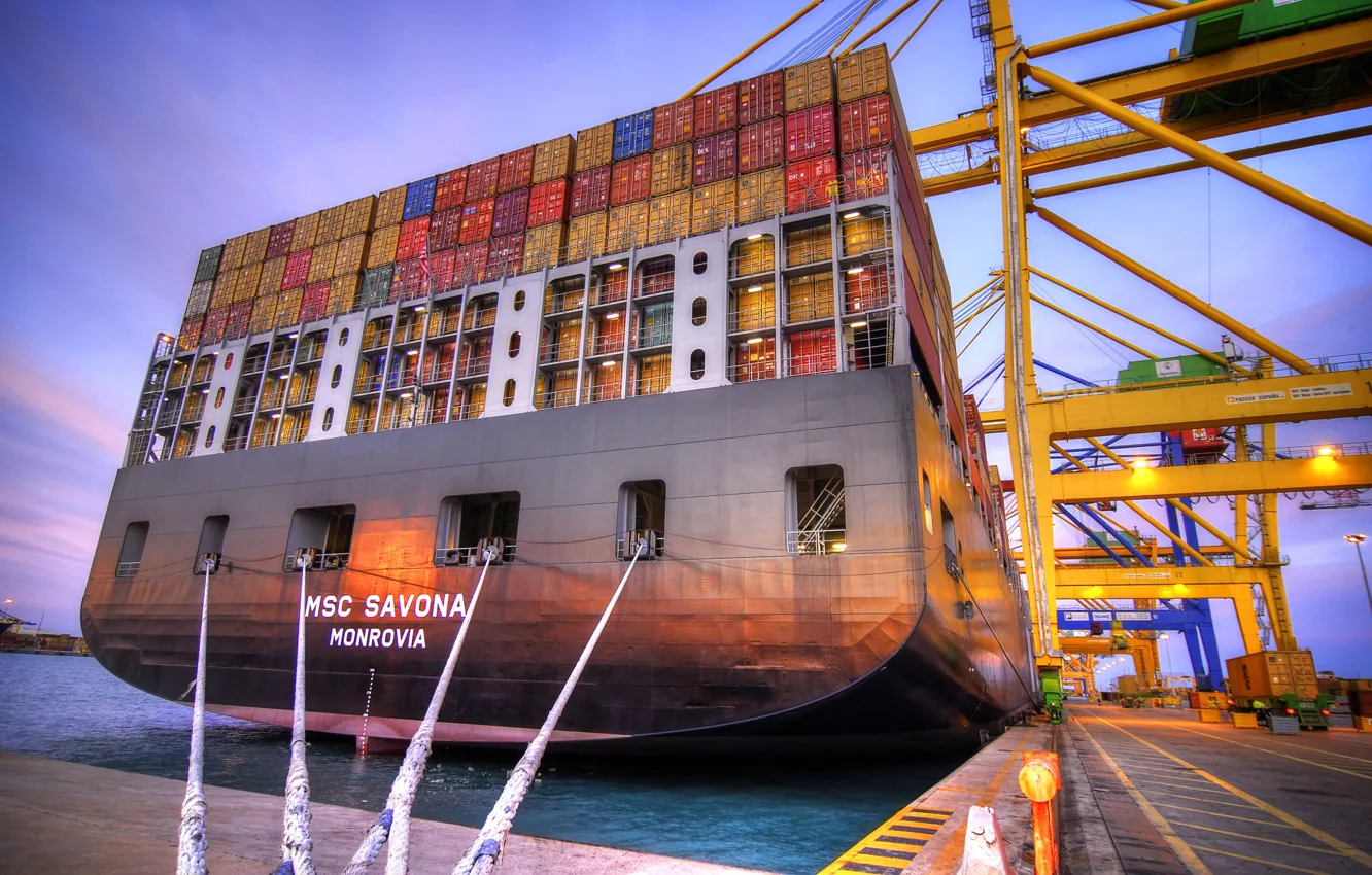 Photo wallpaper The evening, Pier, Crane, The ship, Utah, A container ship, Terminal, MSC Savona