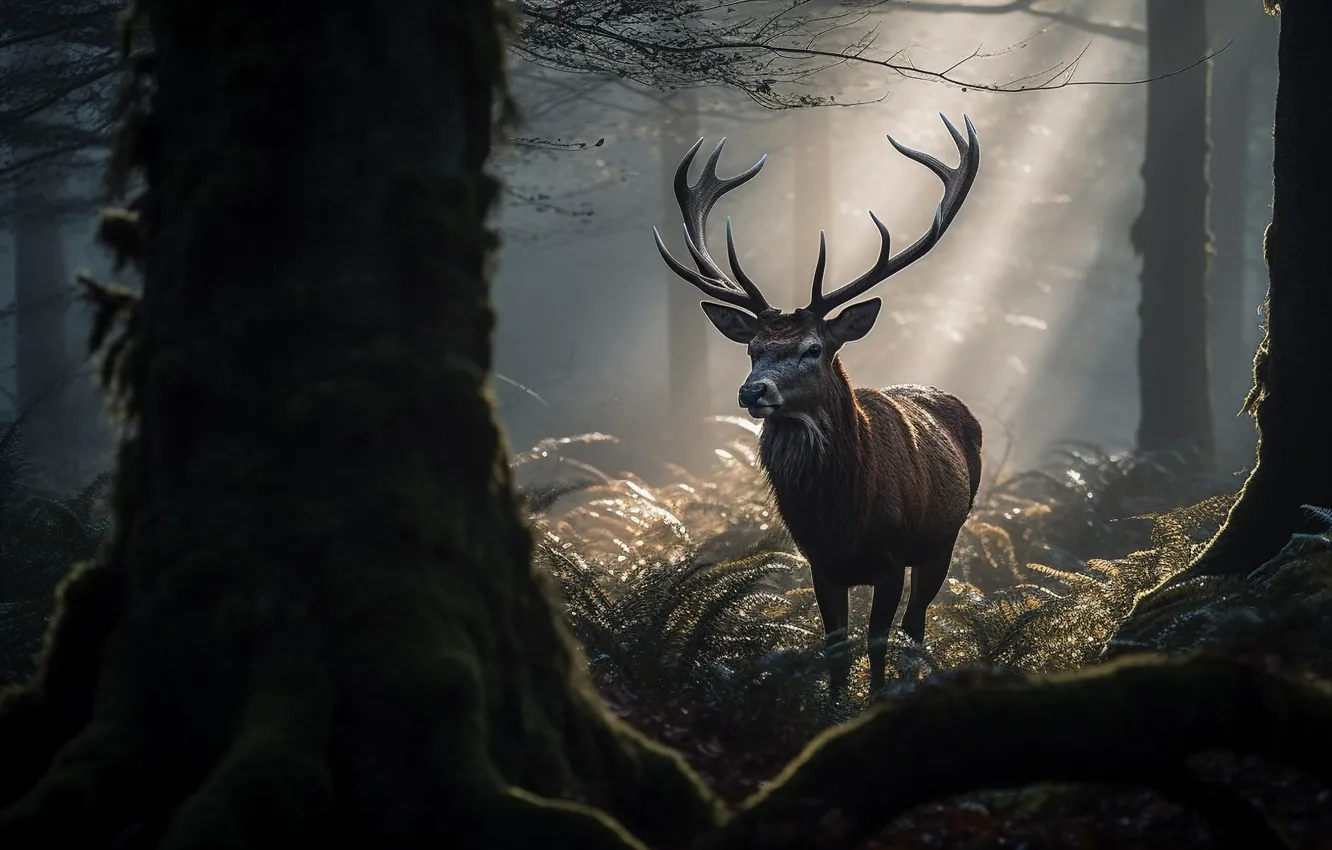 Photo wallpaper forest, trees, fog, deer, horns, digital art, AI art, The Art of Artificial Intelligence