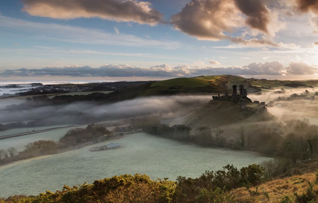 Photo wallpaper field, landscape, fog, England, panorama, the ruins
