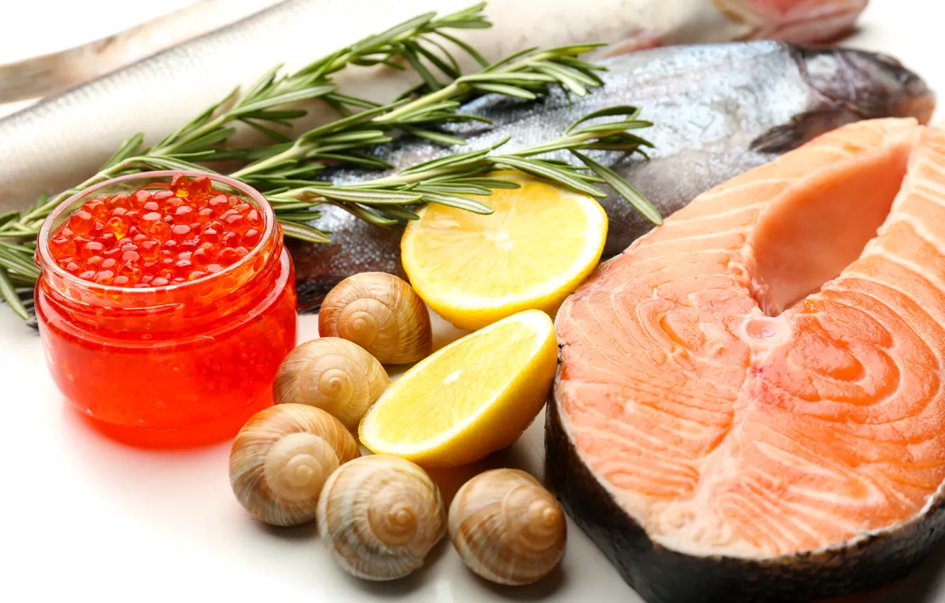 Photo wallpaper lemon, snail, fish, caviar, food, fish, seafood, lemons