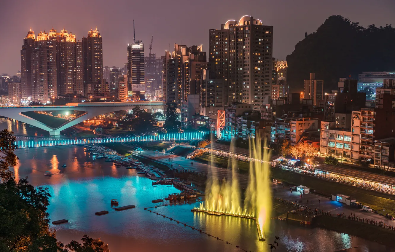 Photo wallpaper night, bridge, lights, river, building, home, Taiwan, fountains