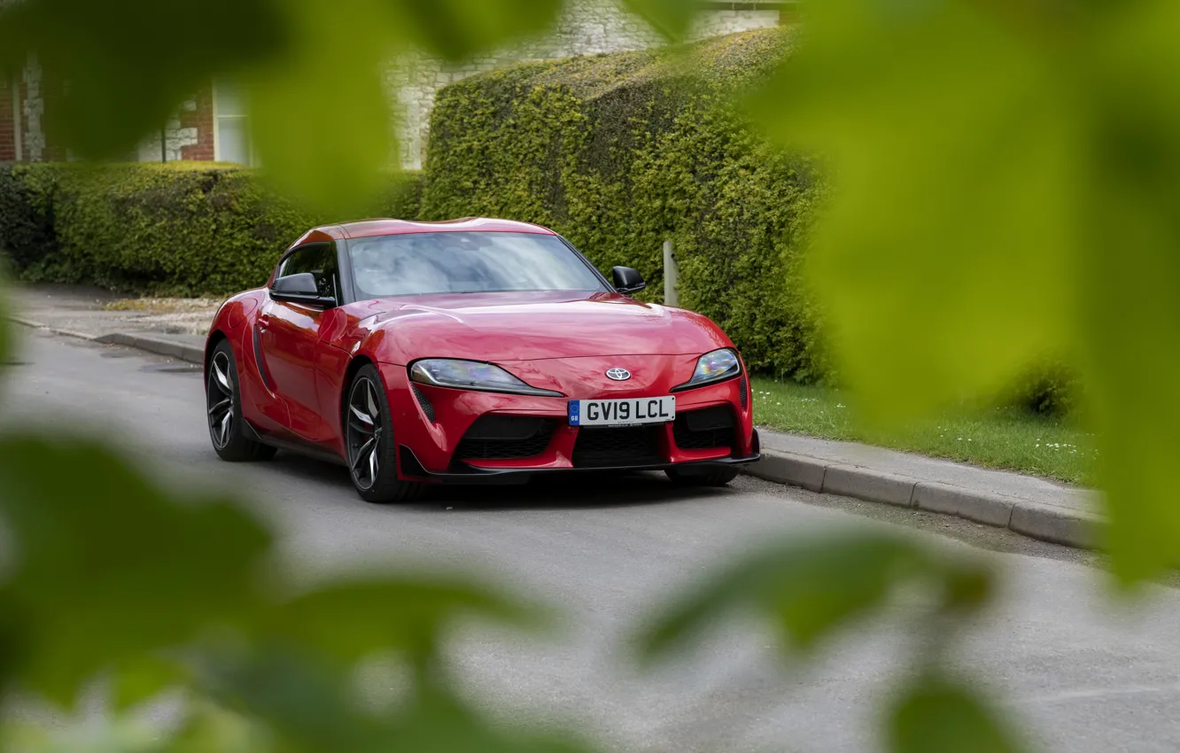 Photo wallpaper asphalt, red, foliage, coupe, Toyota, Supra, the fifth generation, mk5