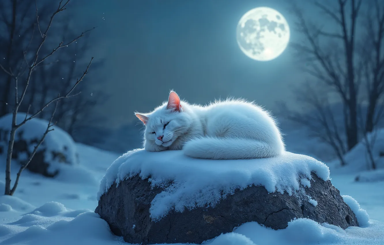 Photo wallpaper winter, cat, snow, trees, night, the moon, moon, white