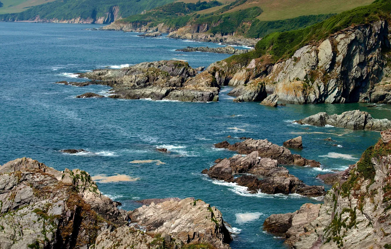 Photo wallpaper sea, stones, rocks, coast, England, Devon, Mothecombe