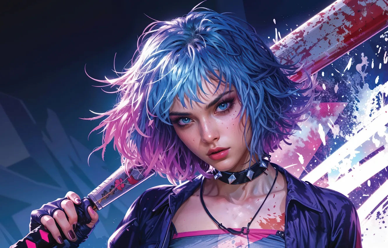 Photo wallpaper girl, anime, blue hair, anime girl, AI Art, AI Generated