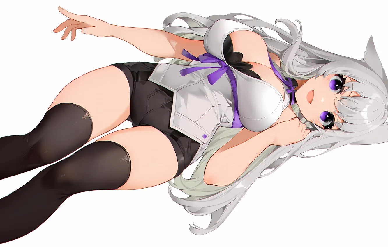 Photo wallpaper girl, sexy, cleavage, shorts, thighhighs, long hair, legs, boobs