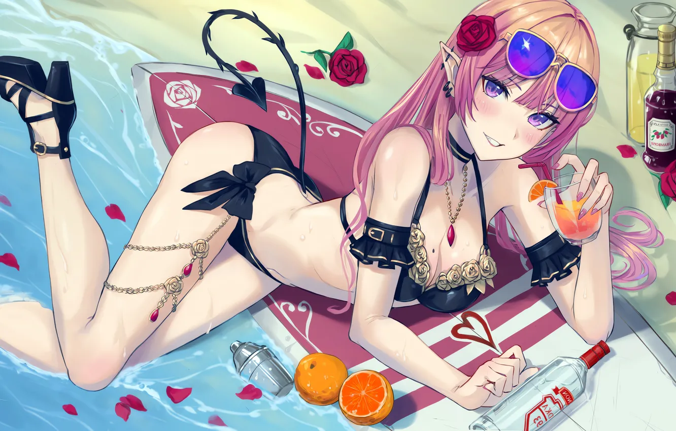 Photo wallpaper girl, rose, sexy, cleavage, beach, pink hair, long hair, legs