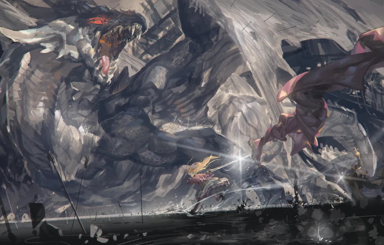 Photo wallpaper dragon, art, girl, arrows, the battlefield, pixiv fantasia, alcd