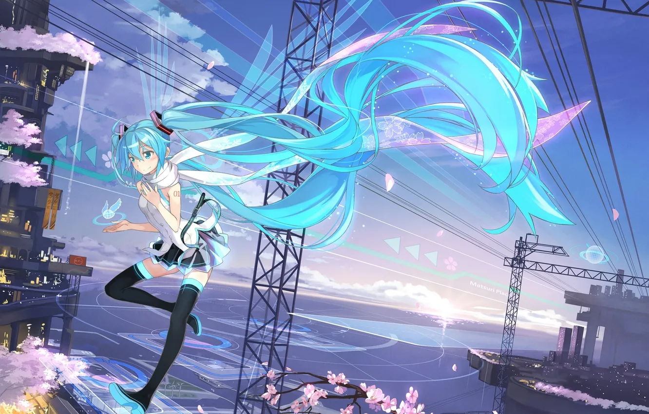 Photo wallpaper the sky, girl, clouds, sunset, the city, home, anime, petals