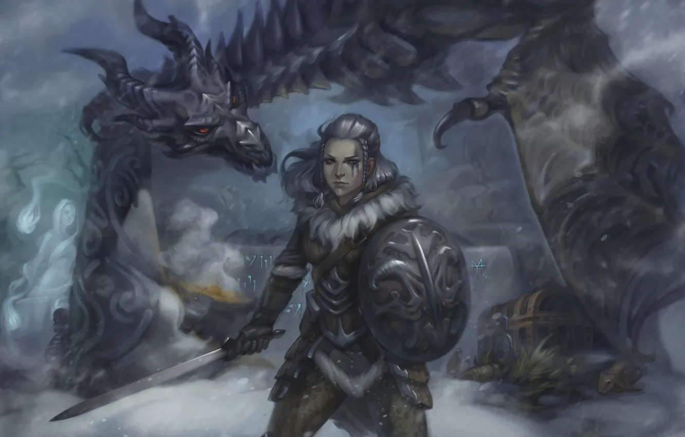 Photo wallpaper girl, snow, dragon, spirit, sword, art, chest, shield
