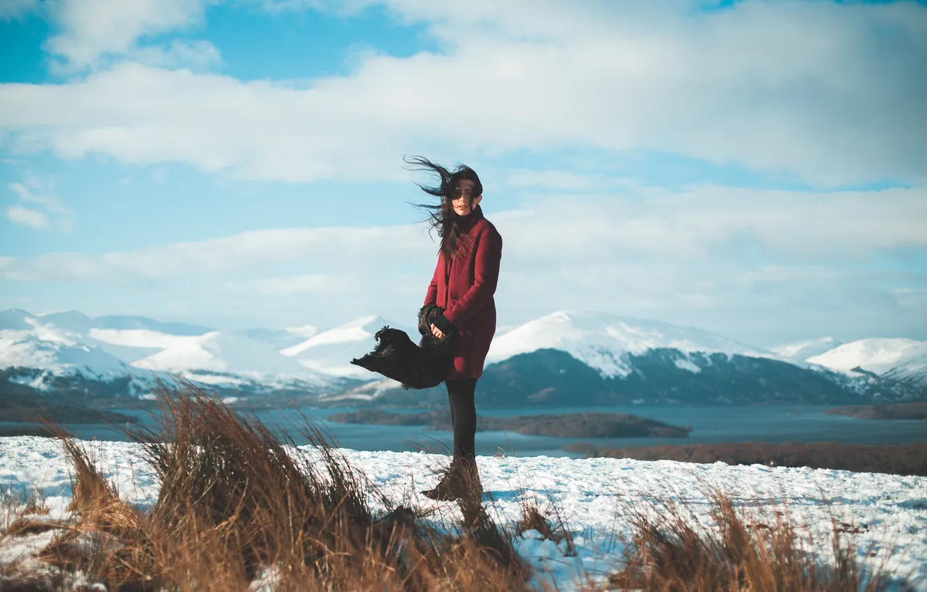 Photo wallpaper mountains, the wind, brunette, coat