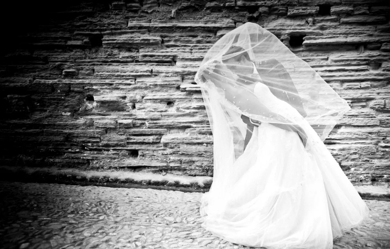 Photo wallpaper woman, dress, black and white, male, lovers, two, the bride, veil
