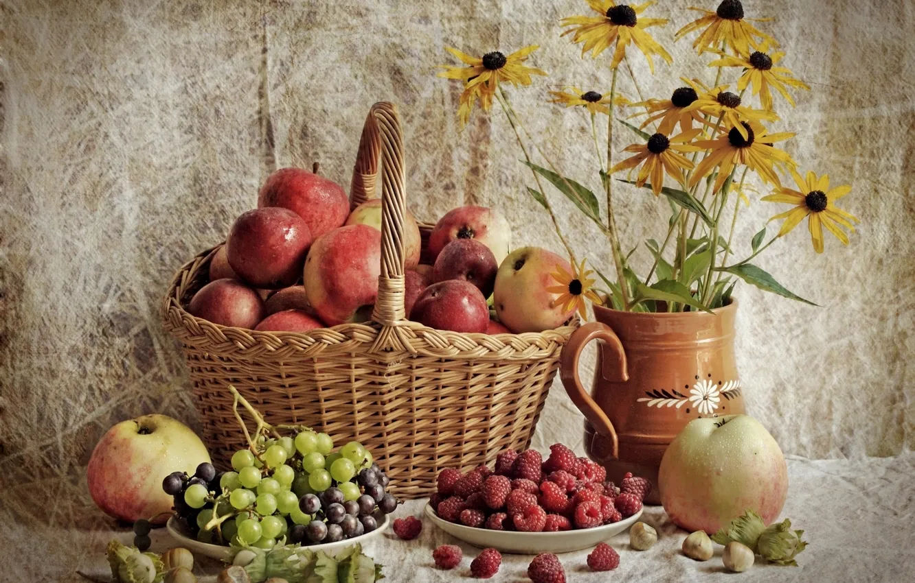 Photo wallpaper raspberry, basket, apples, grapes, still life