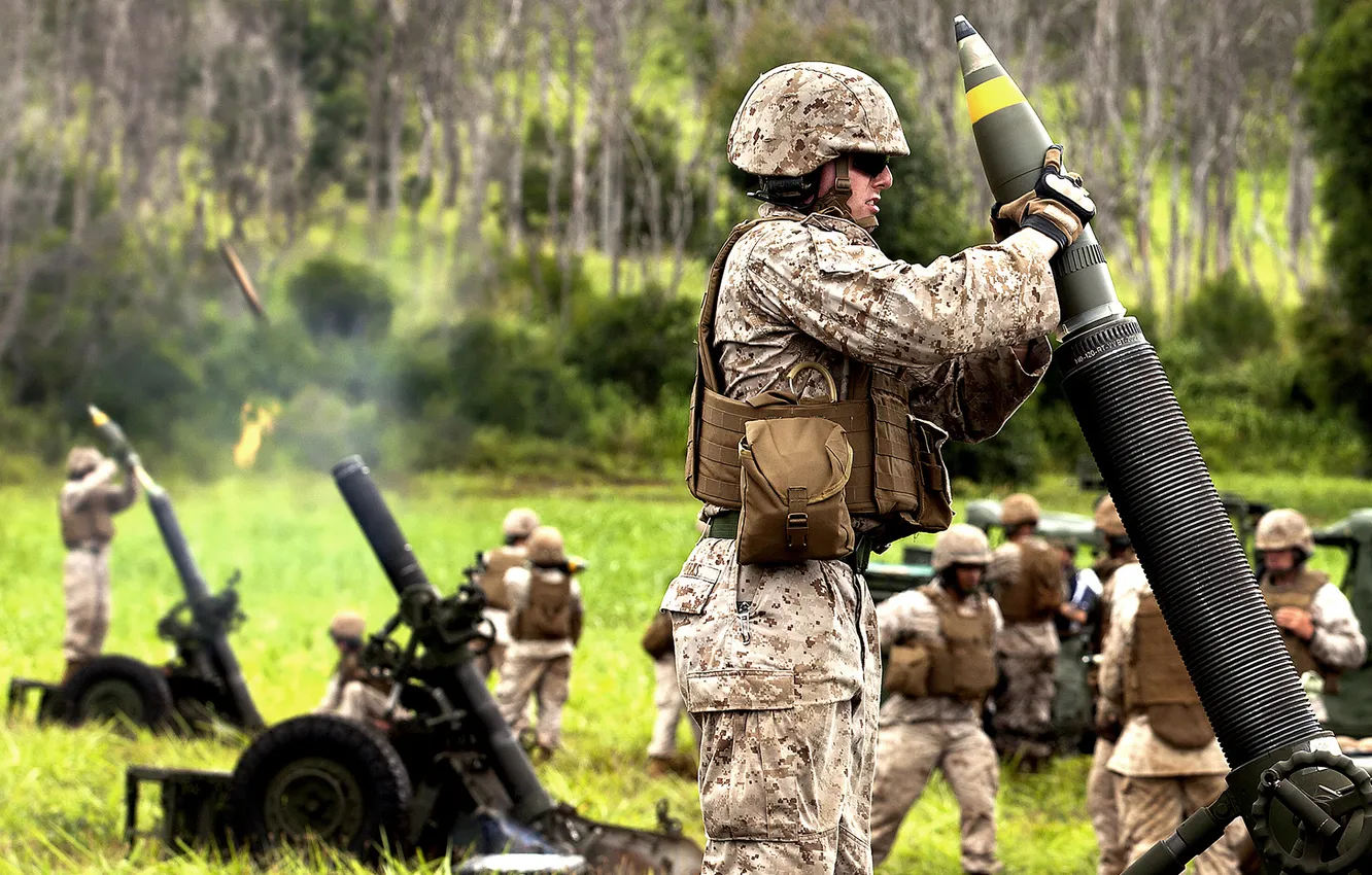 Photo wallpaper soldiers, trunk, the fire, mortar, mortar, RT61, with rifle, MO-120