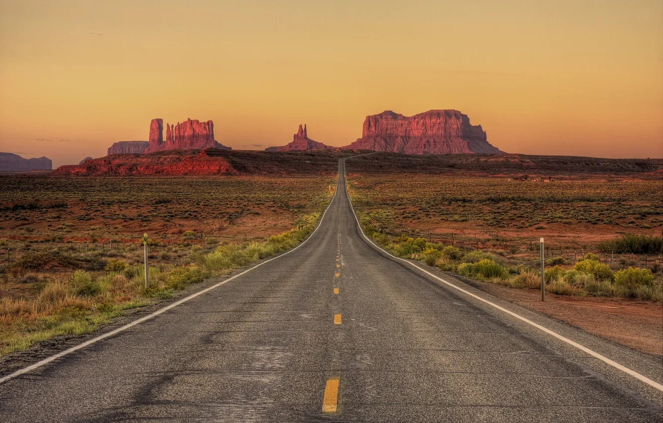 Photo wallpaper road, the sky, desert, AZ, Utah, twilight, Monument valley, United States