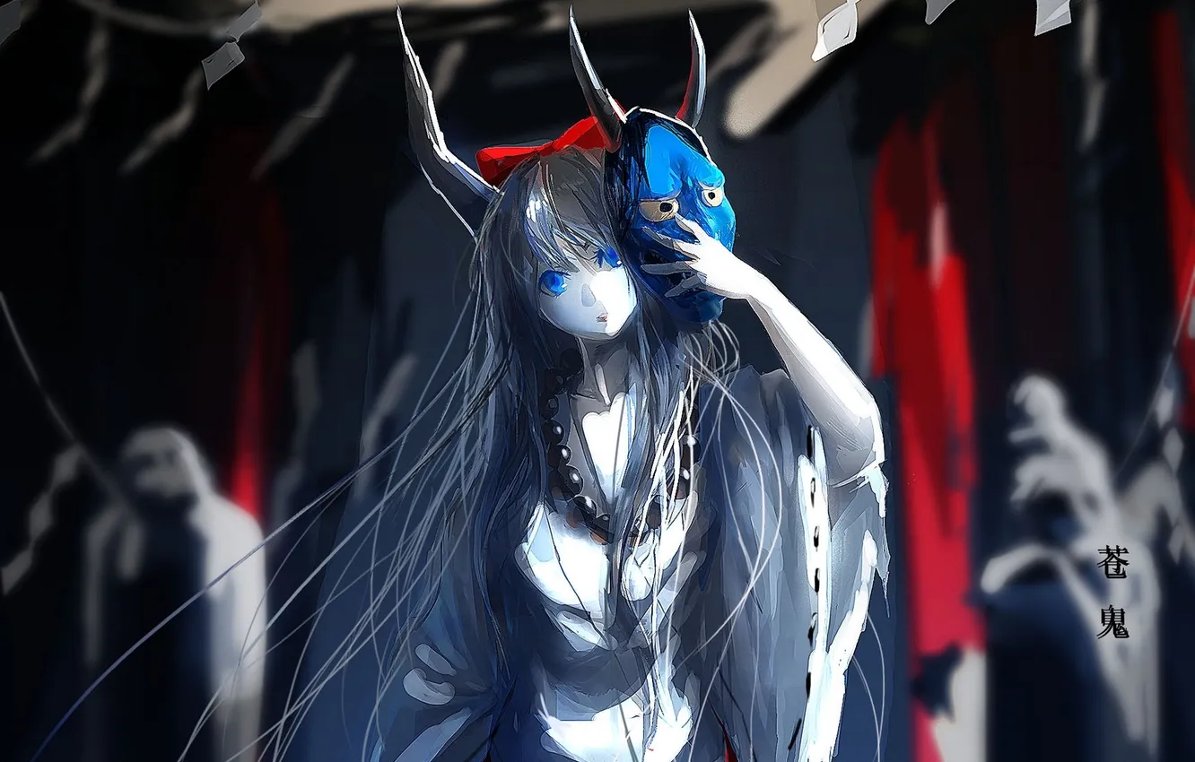 Photo wallpaper girl, mask, horns, character, touhou, traditional clothing, ibuki suika