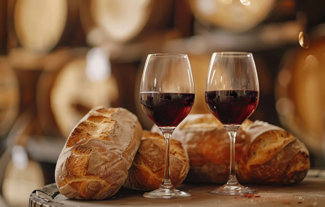 Photo wallpaper table, wine, glass, bread, barrel, bokeh, shelves, barrel