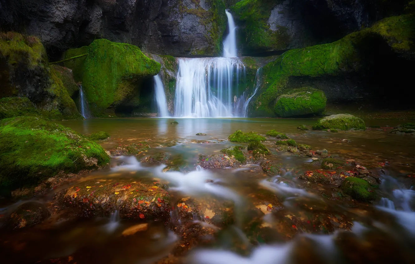 Photo wallpaper river, stones, France, waterfall, moss, cascade, France, Jura