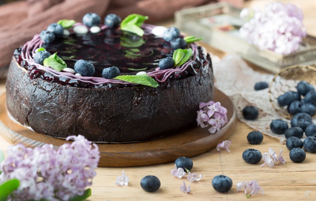 Photo wallpaper flowers, berries, blueberries, cake, cheesecake, Sokor