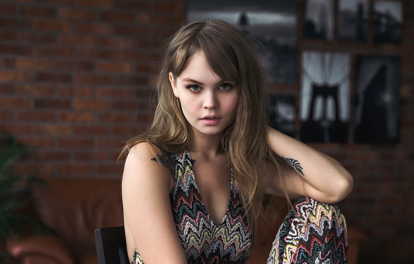 Photo wallpaper look, pose, background, model, portrait, makeup, tattoo, hairstyle