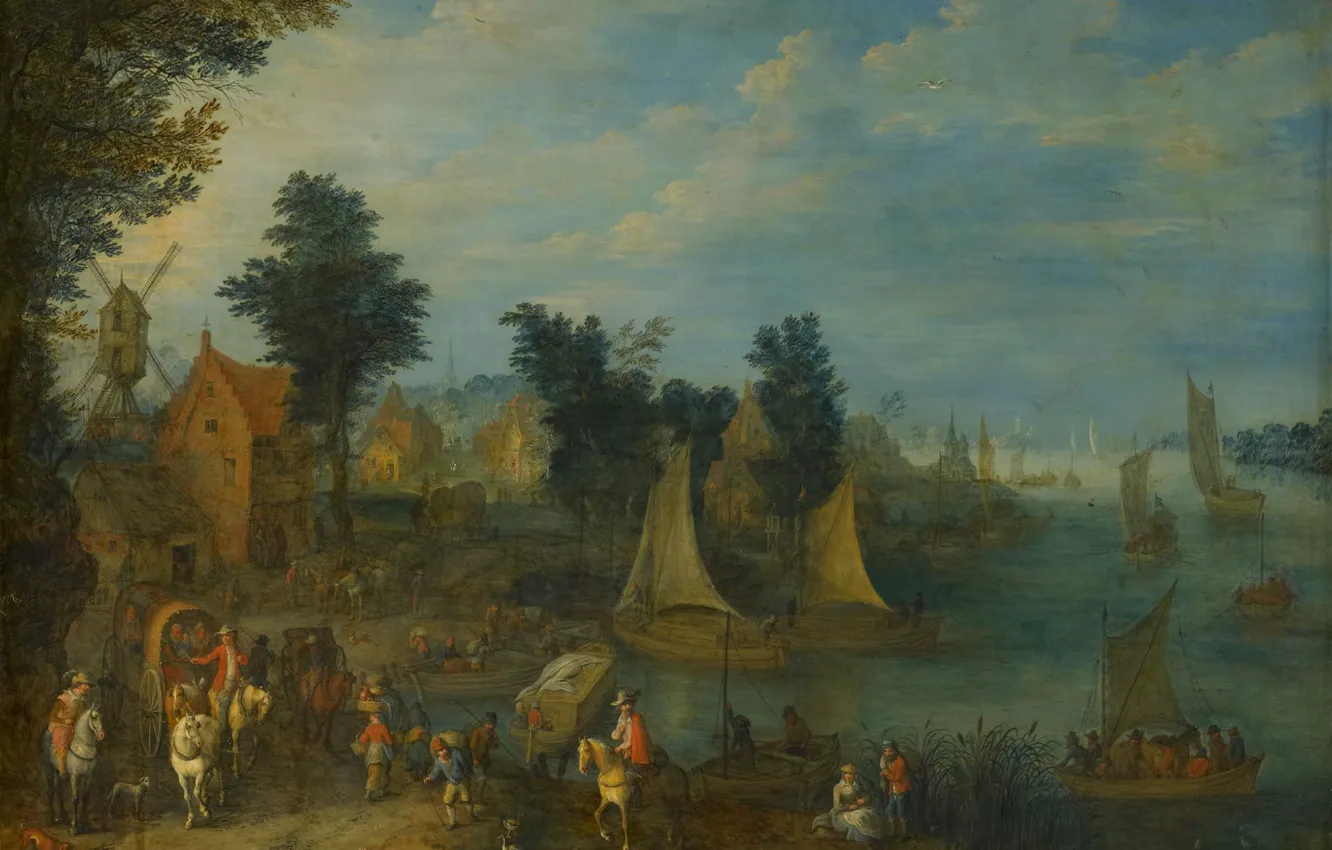 Photo wallpaper landscape, oil, picture, Village on the banks of the river, Joseph van Bredal, 1723, Joseph …