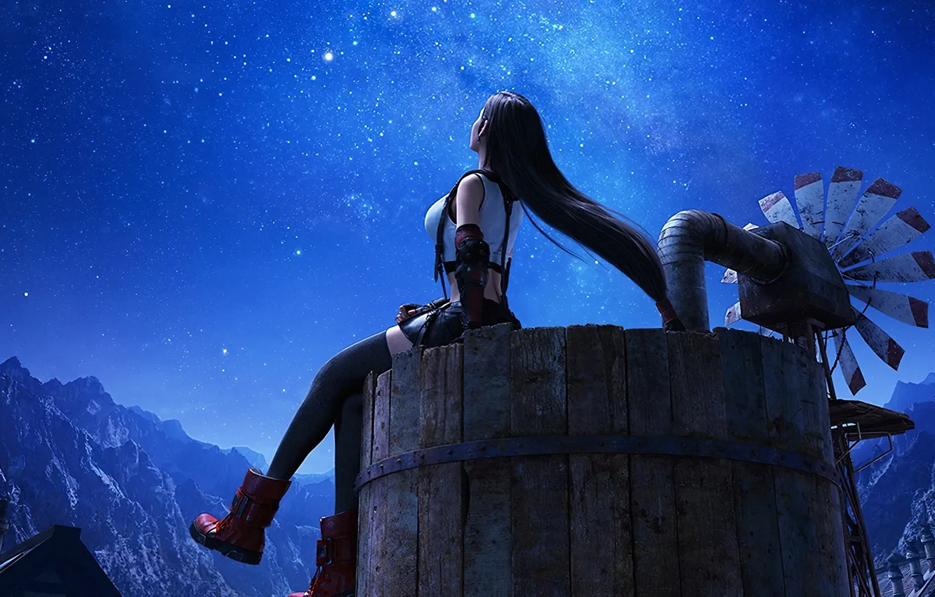 Photo wallpaper girl, night, Final Fantasy, look to the sky, starry sky, Tifa Lockhart, Final Fantasy VII …