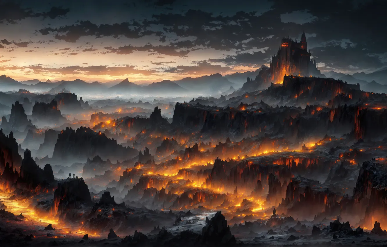Photo wallpaper fire, twilight, landscape, art, rocks, painting, castle, digital art