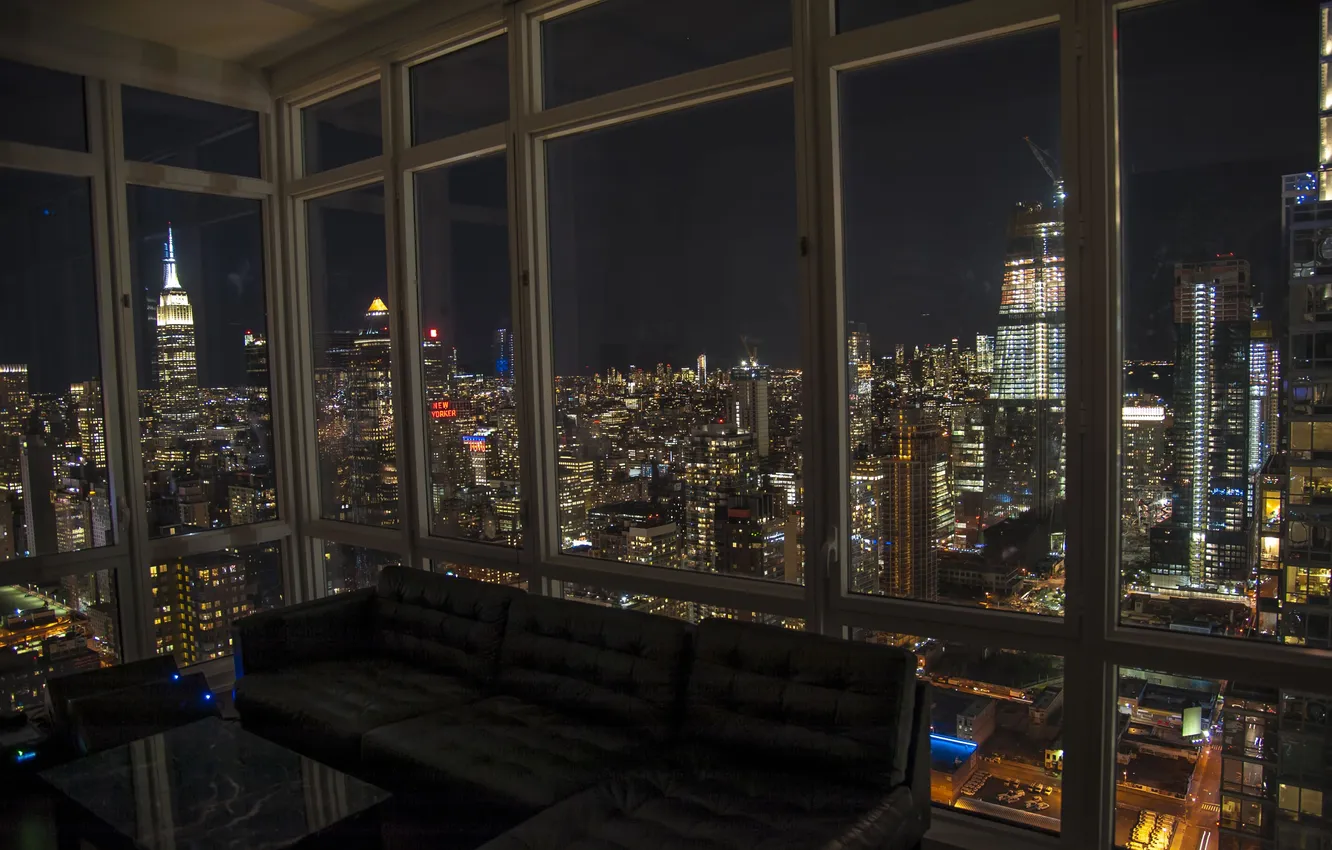 Photo wallpaper the sky, night, the city, building, interior, horizon, the view from the window, skyscrapers