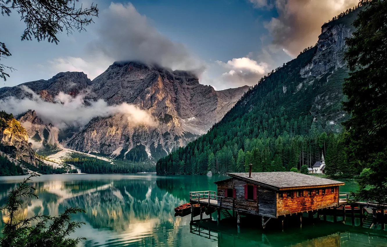 Photo wallpaper forest, clouds, trees, mountains, lake, rocks, shore, boat