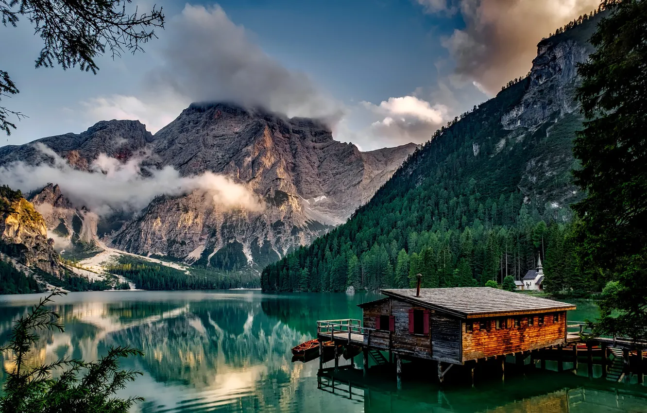 Photo wallpaper forest, clouds, trees, mountains, lake, rocks, shore, boats
