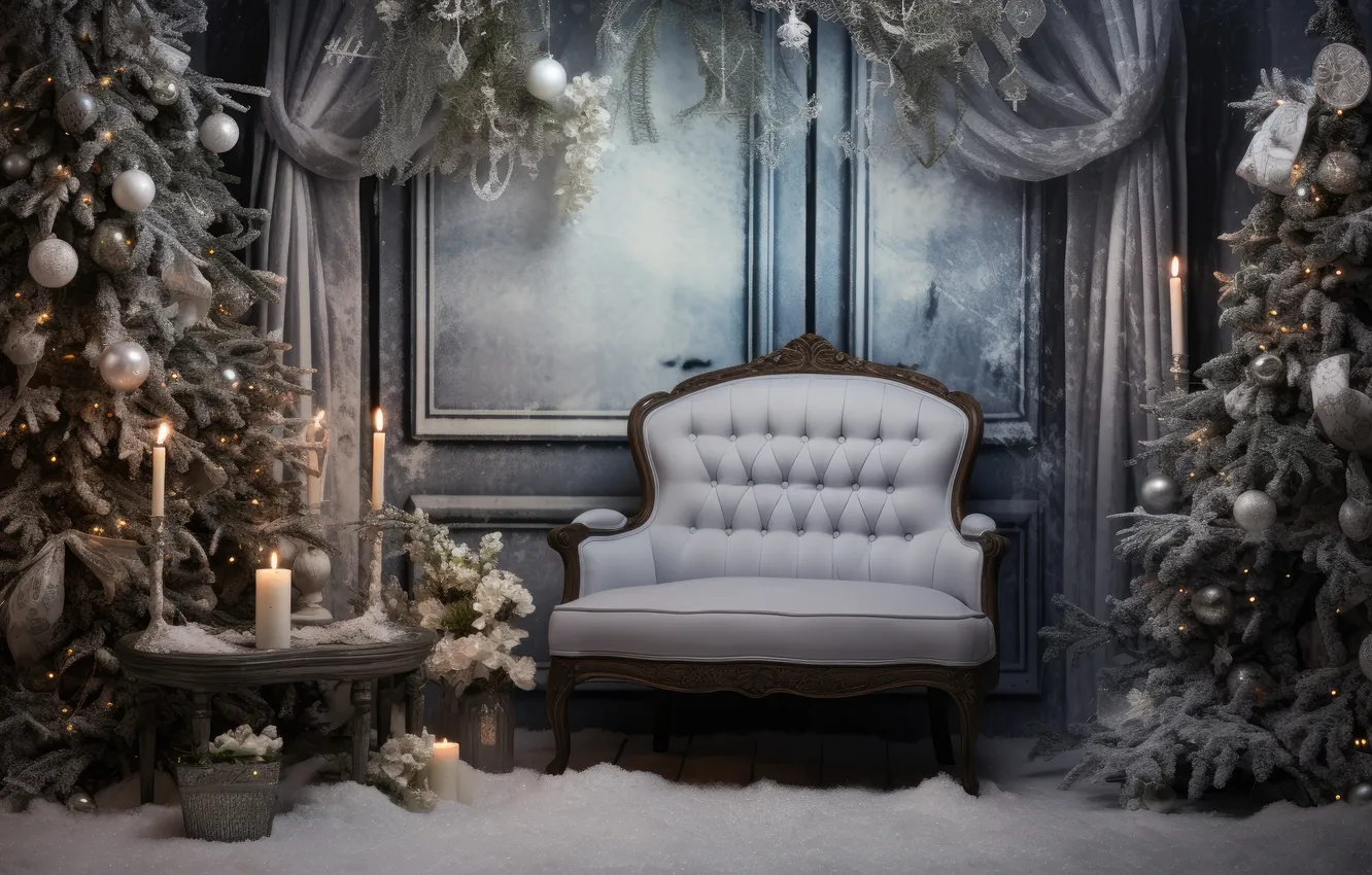 Photo wallpaper winter, frost, snow, decoration, room, tree, new year, interior