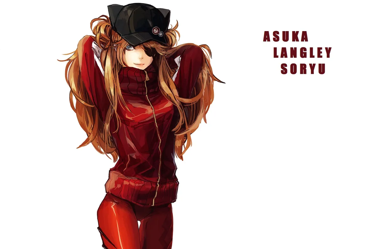 Photo wallpaper lightning, white background, cap, red, Neon Genesis Evangelion, long hair, Asuka Langley Soryu, eye patch
