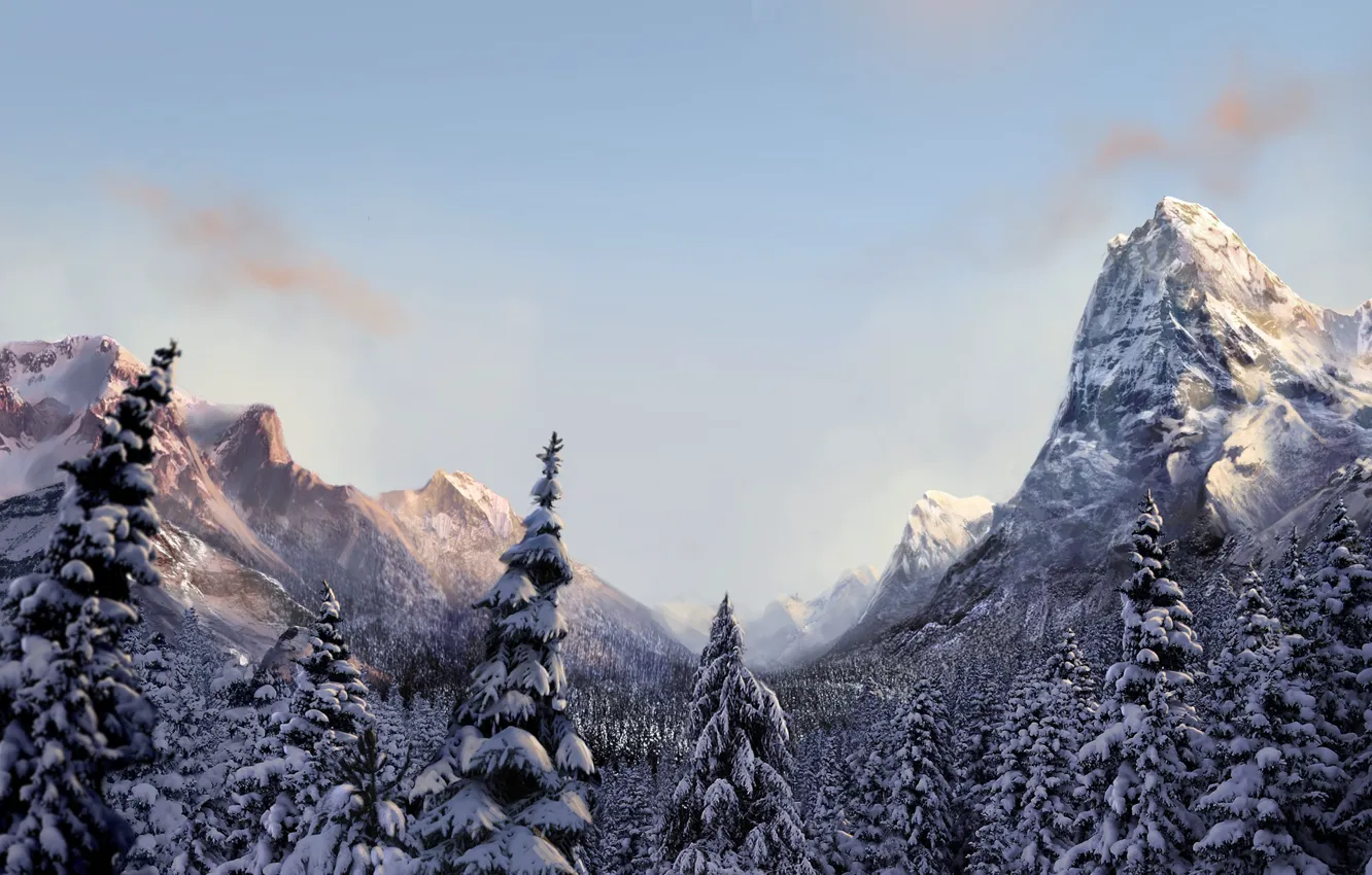 Photo wallpaper winter, forest, mountains, nature