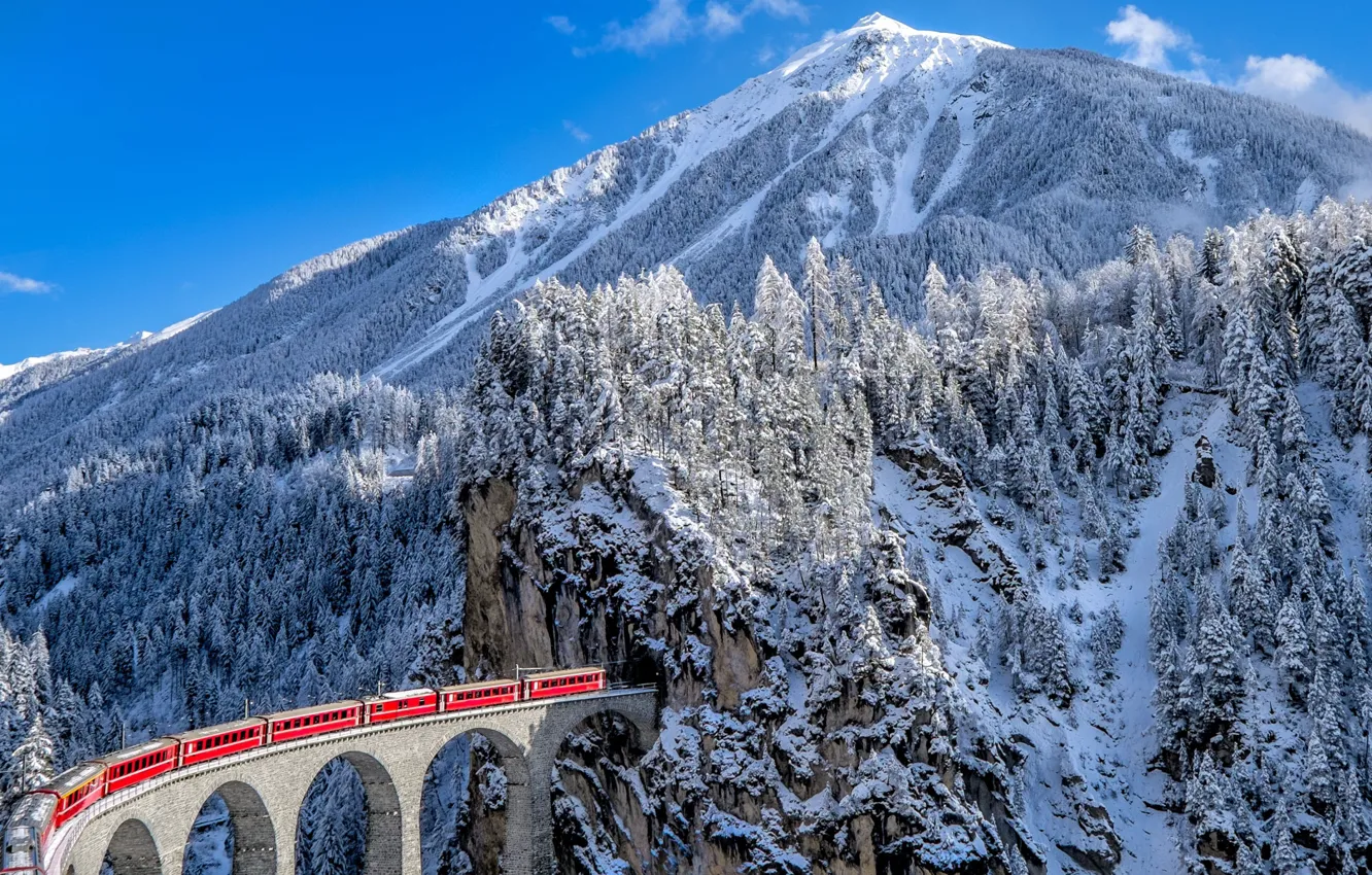 Photo wallpaper winter, snow, mountains, train, Switzerland, ate, Alps, railroad