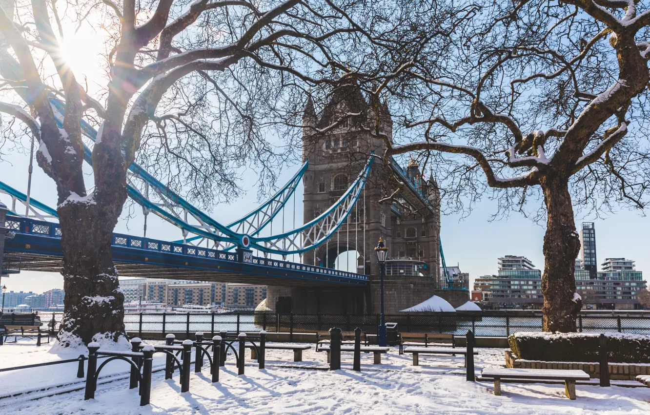 Photo wallpaper winter, snow, trees, river, London, UK, Tower bridge, snow