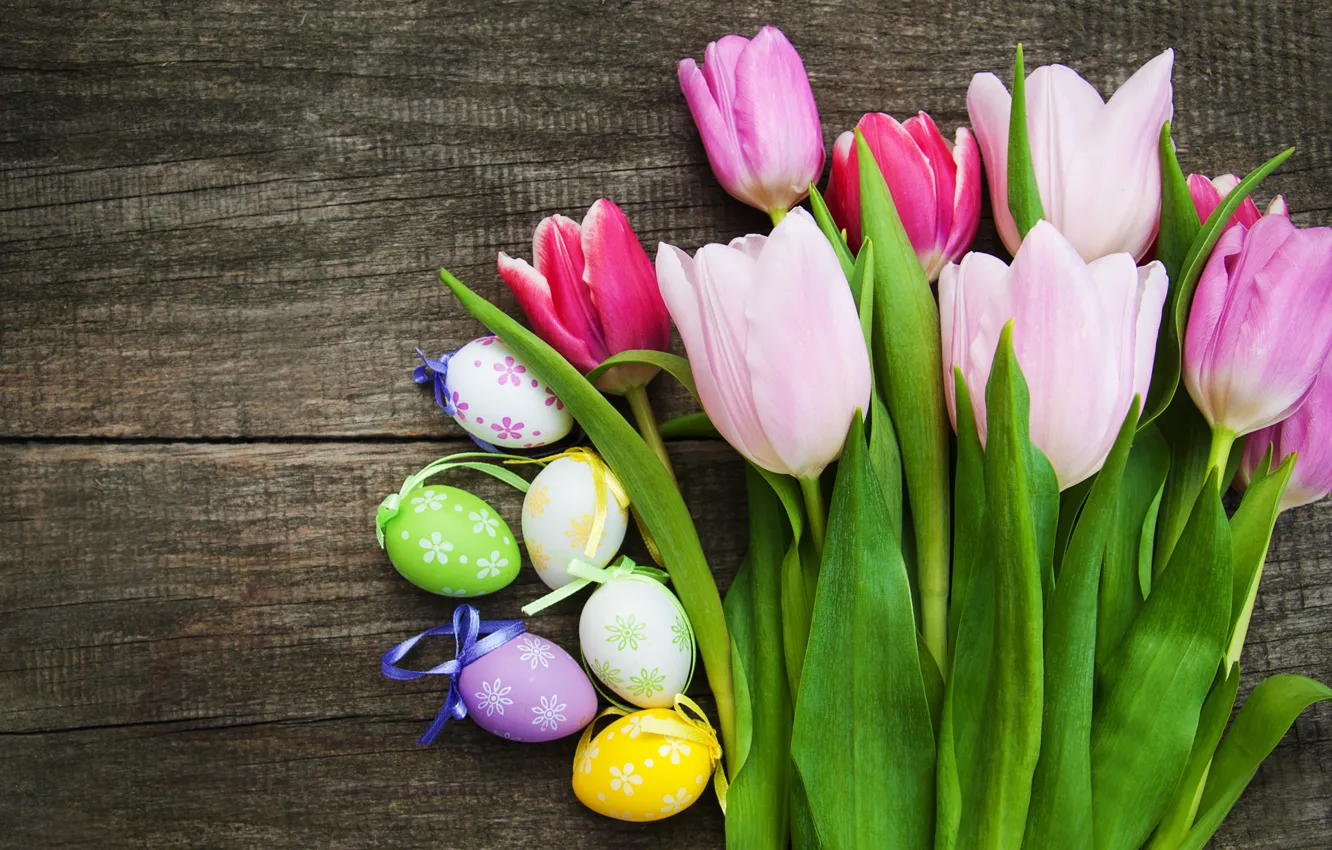 Photo wallpaper flowers, eggs, colorful, Easter, tulips, wood, pink, flowers