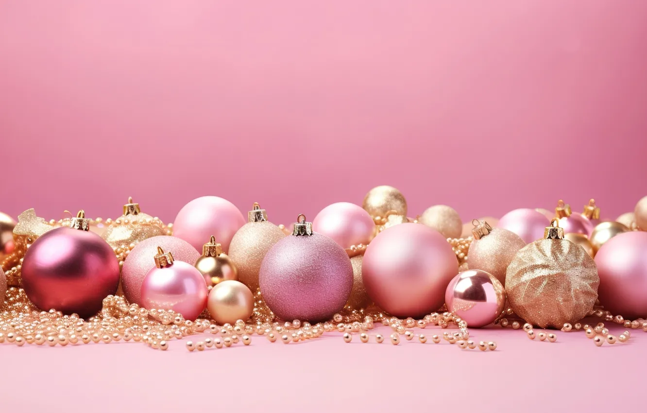Photo wallpaper decoration, background, pink, balls, New Year, Christmas, golden, new year