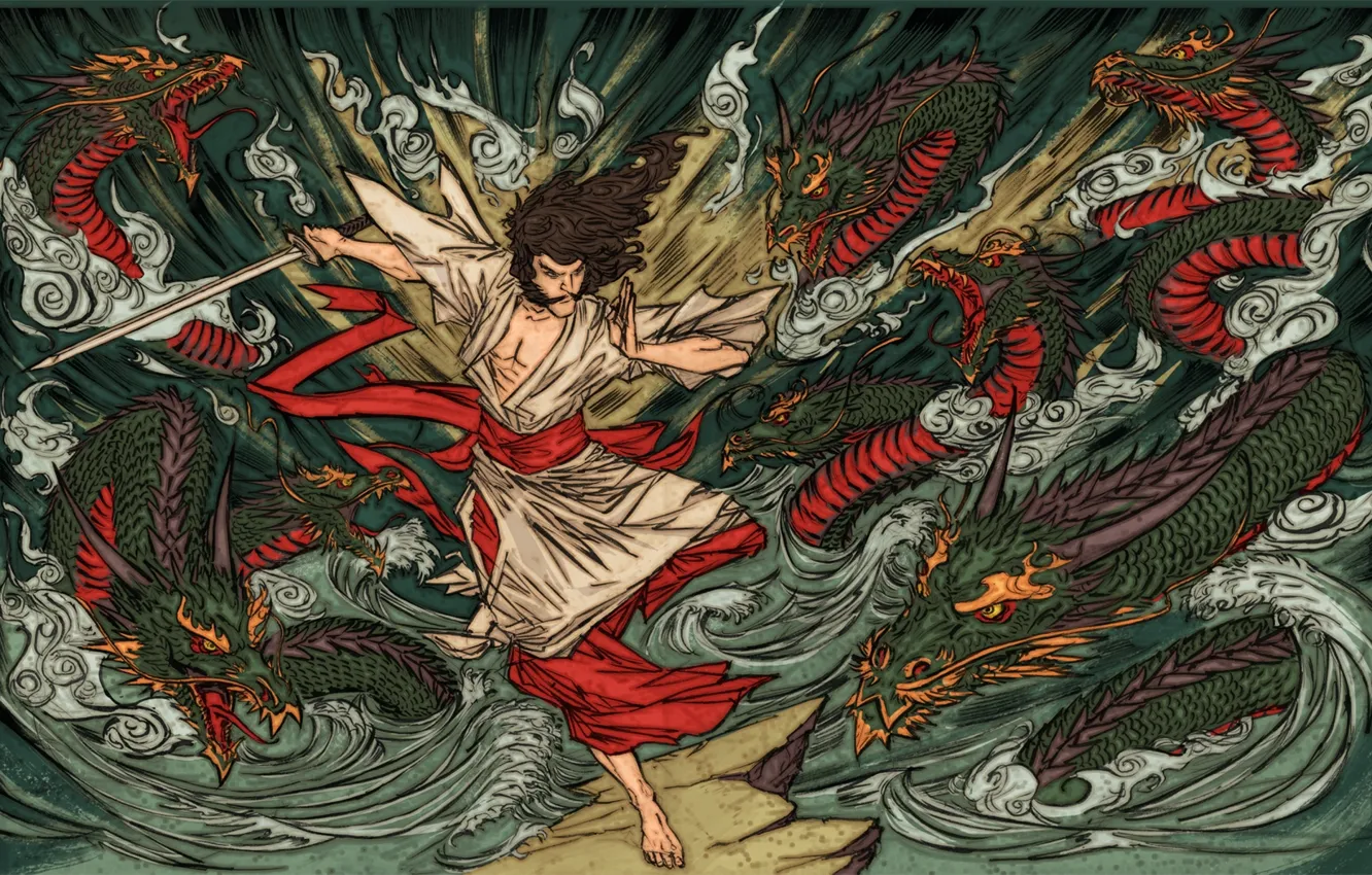 Photo wallpaper sea, rocks, dragon, snake, battle, rock, battle, Shinto