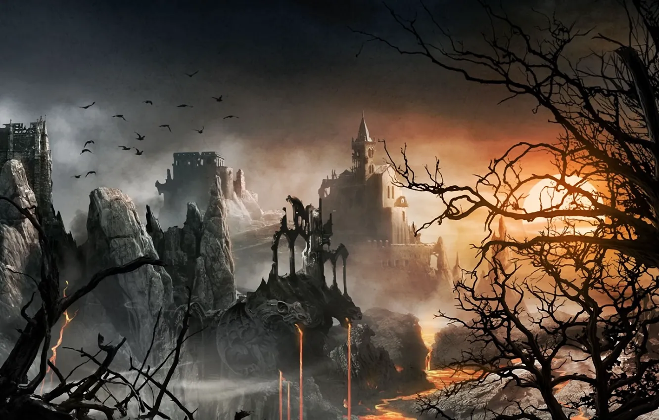 Photo wallpaper the sun, trees, landscape, sunset, castle, rocks, bird, art