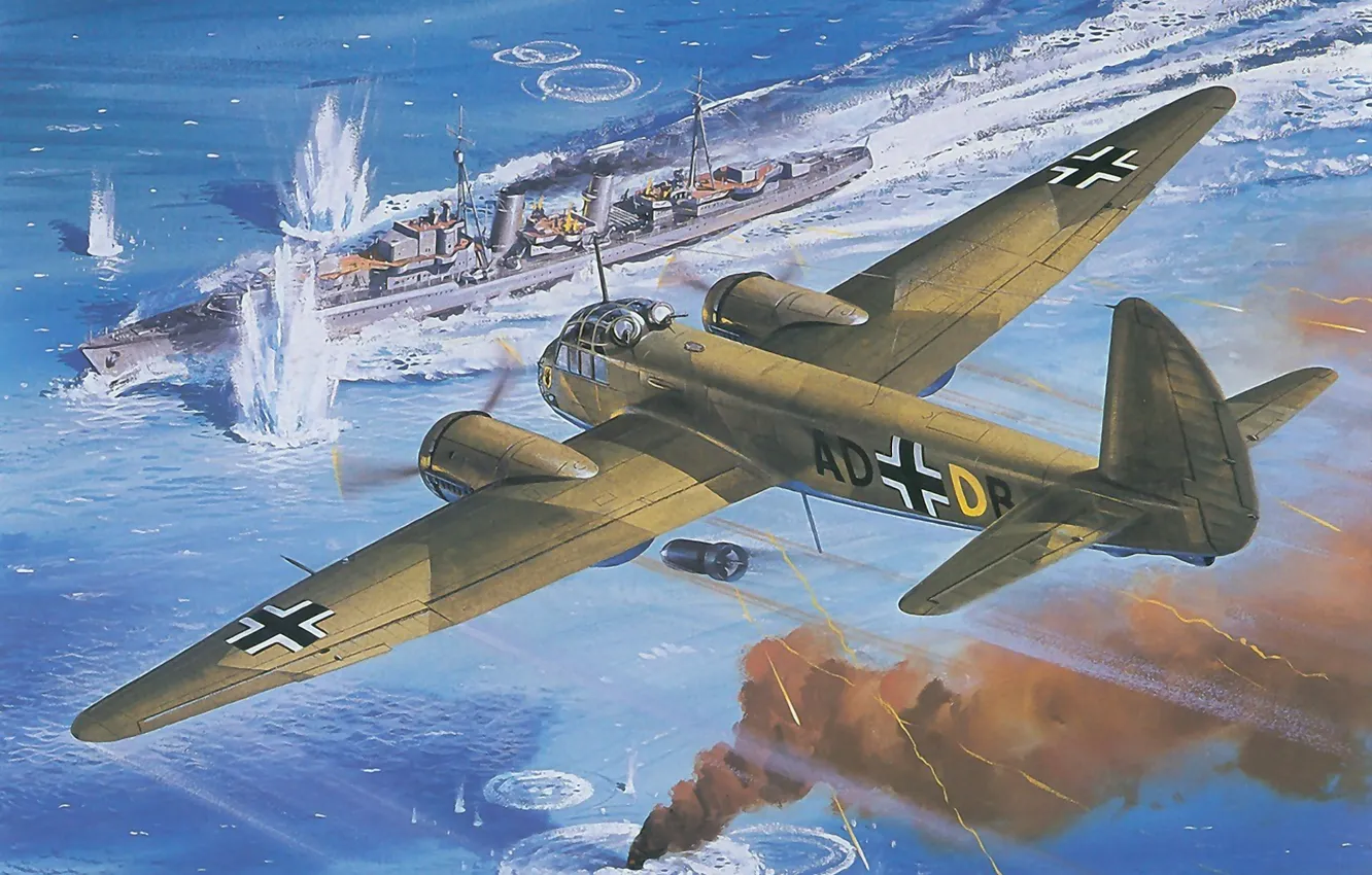 Photo wallpaper sea, the sky, the explosion, war, smoke, figure, ship, splash