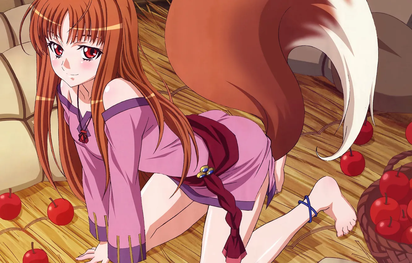 Photo wallpaper girl, mood, basket, apples, anime, dress, bracelet, wolf