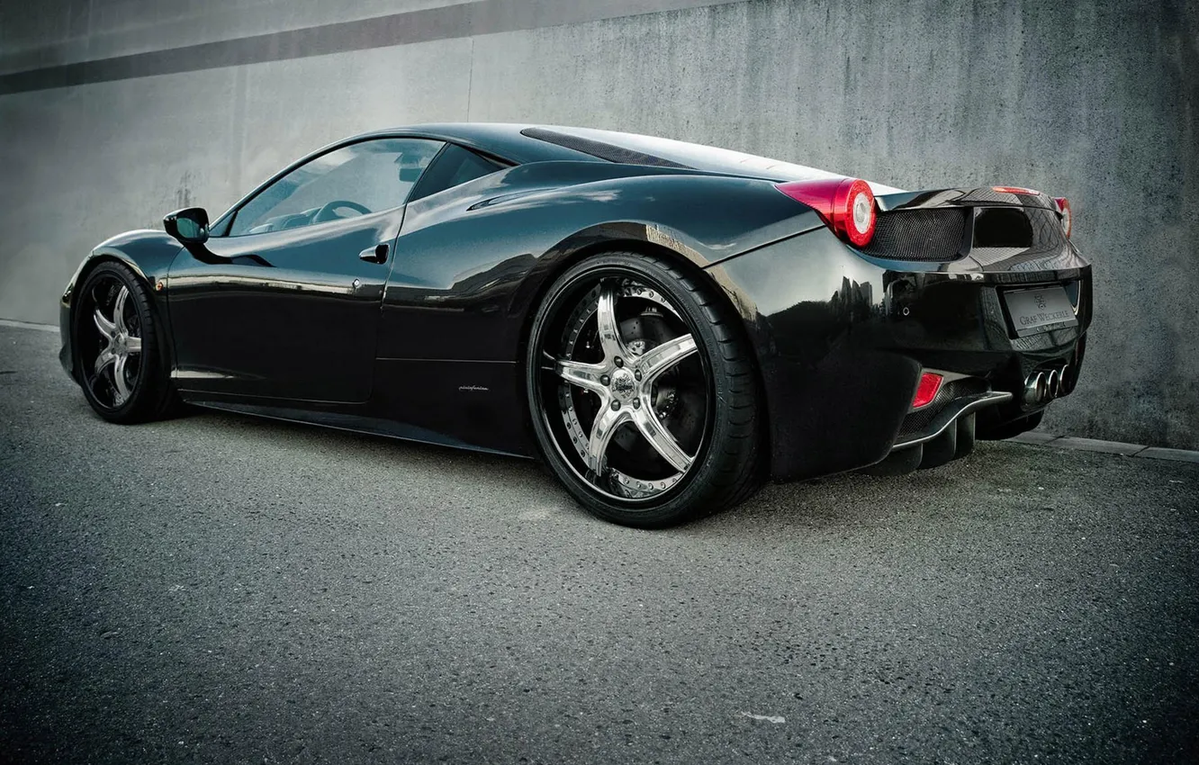 Photo wallpaper reflection, wall, black, Ferrari, Ferrari, black, rear view, 458 italia
