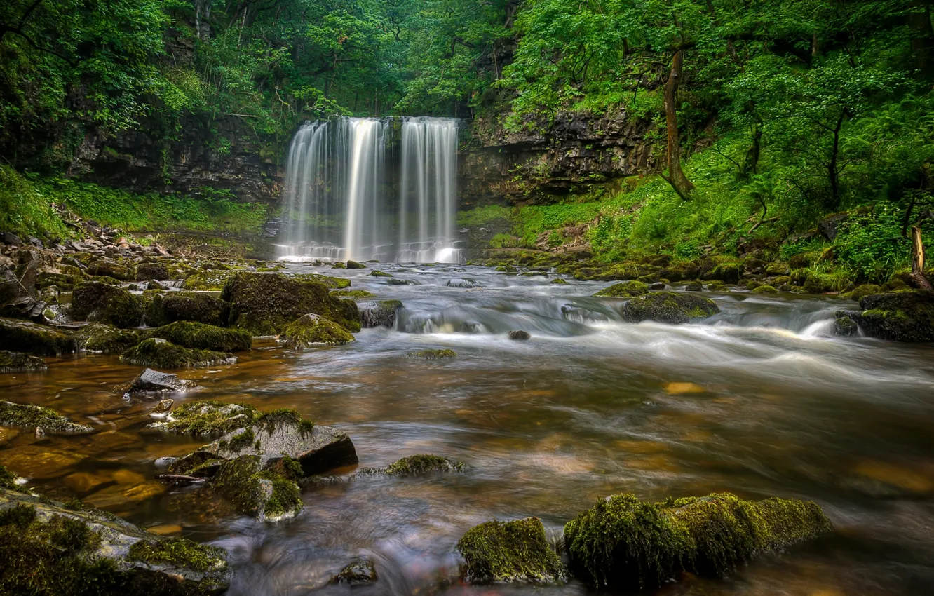 Photo wallpaper forest, river, England, waterfall, England, Wales, Wales, Brecon Beacons National Park