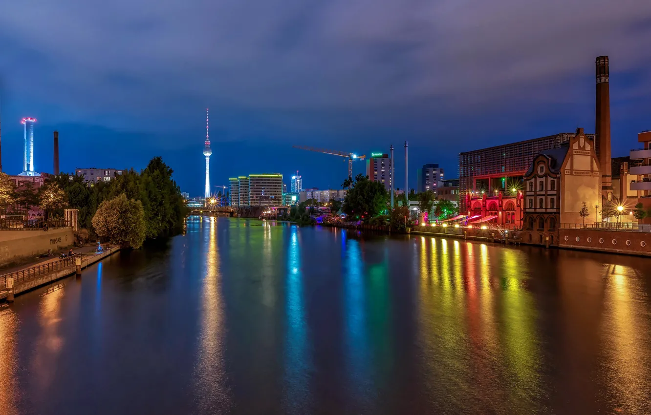 Photo wallpaper night, lights, river, tower, home, Germany, promenade, Berlin
