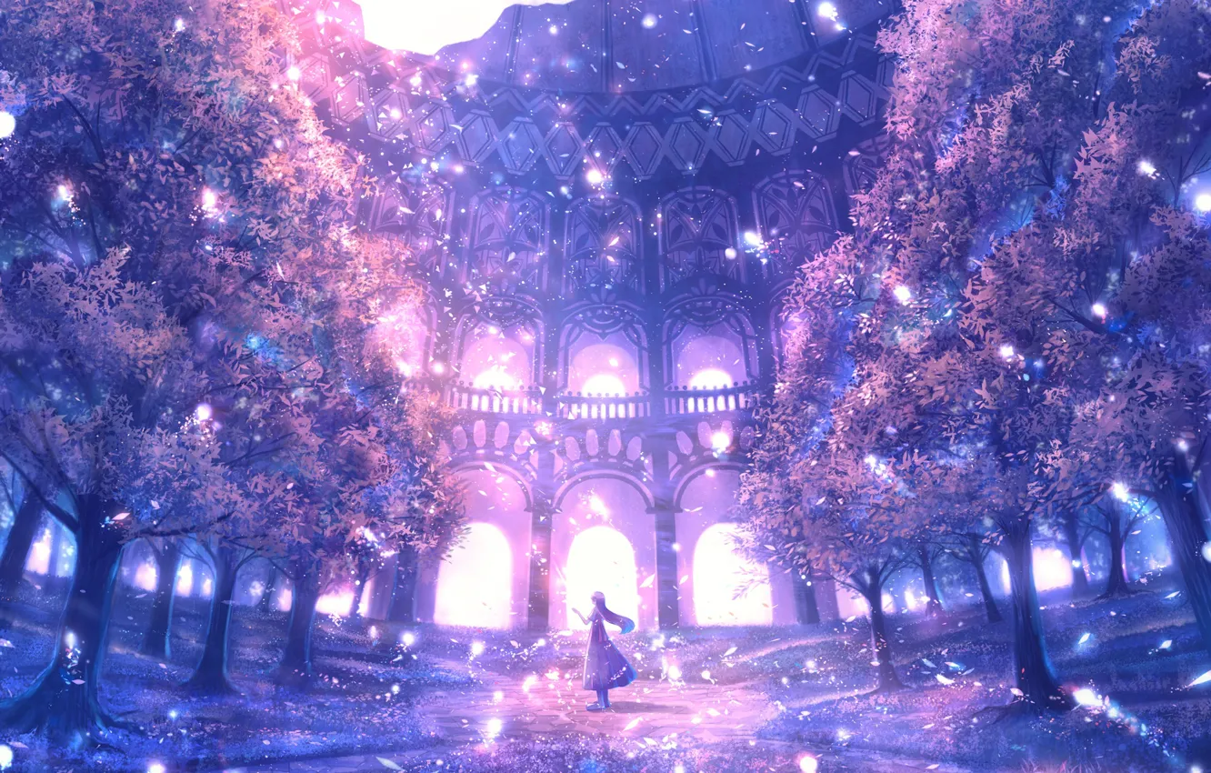 Photo wallpaper girl, garden, ruins