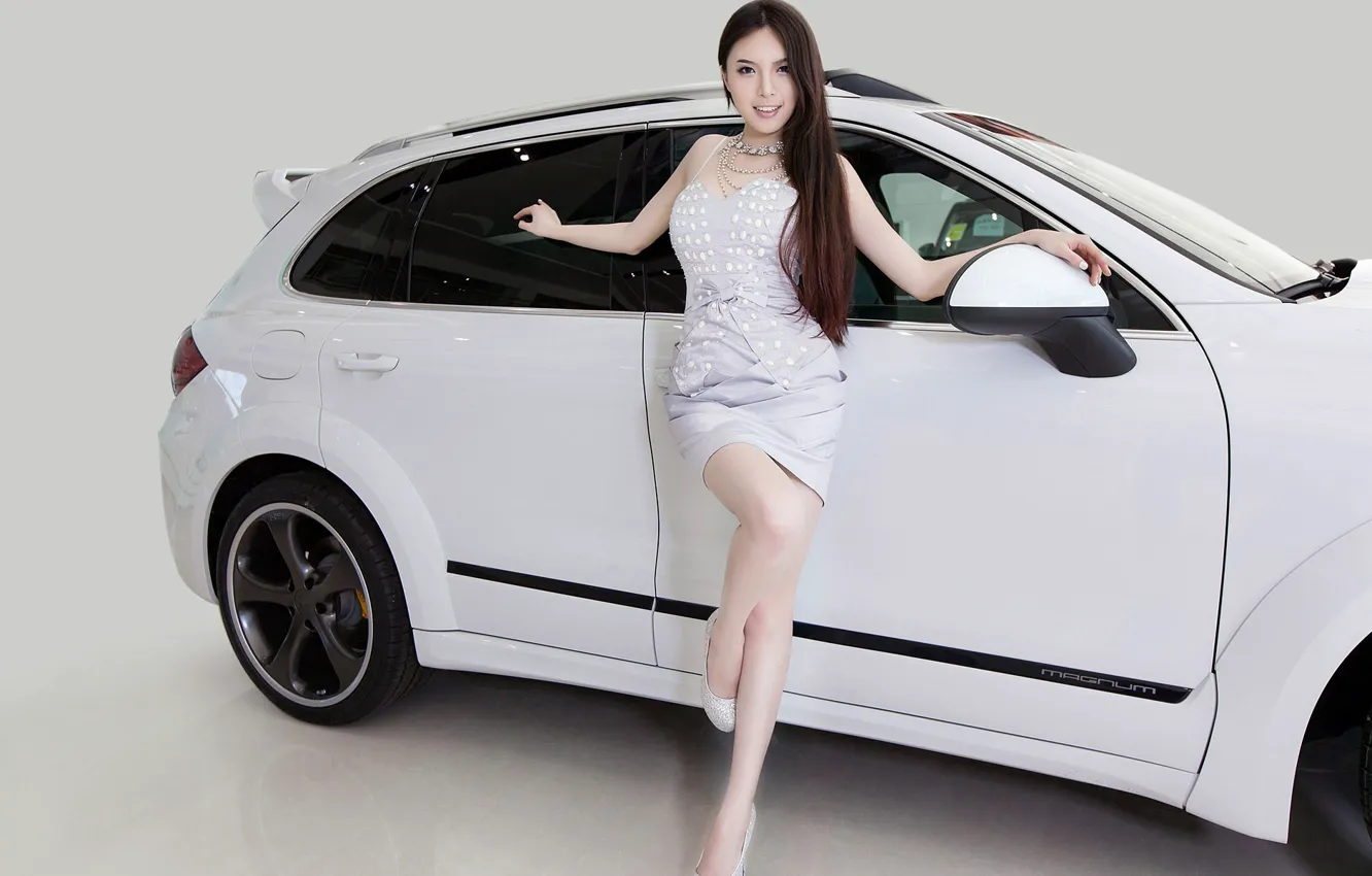 Photo wallpaper look, Girls, Porsche, Asian, beautiful girl, white car, posing on the car