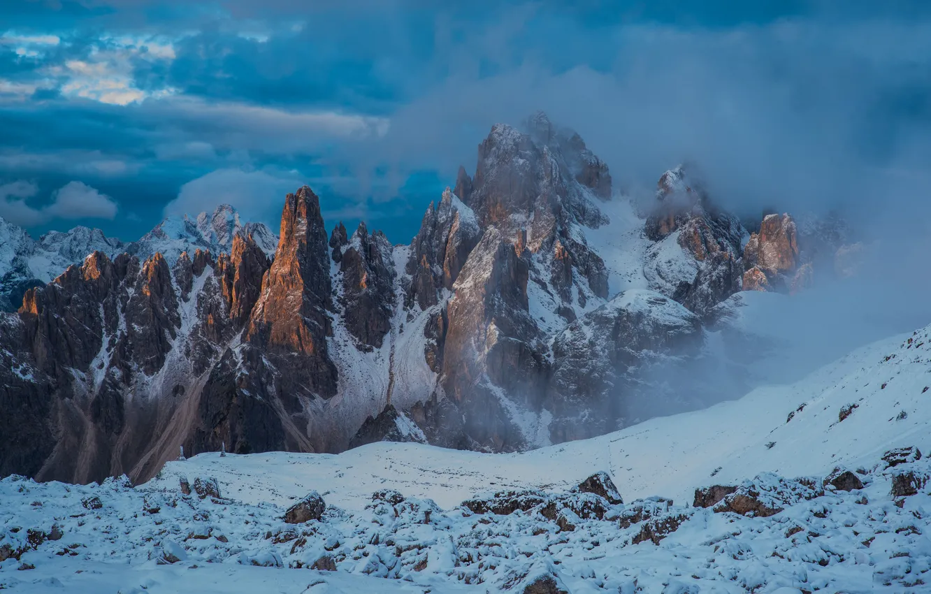 Photo wallpaper clouds, snow, mountains, tops, Italy, Italy, The Dolomites, Veneto